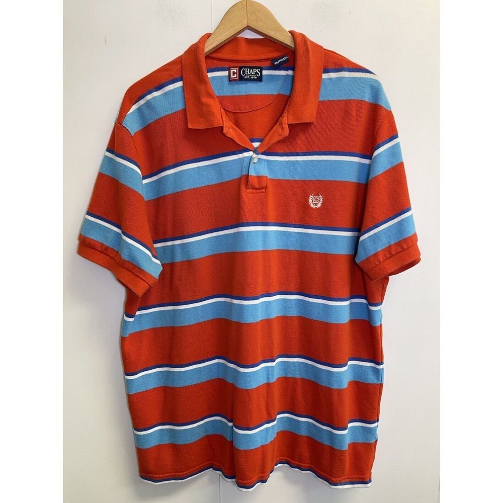 Chaps Polo Shirt Mens XXL Pranga Blue‎ Striped Rugby Casual C Crest Logo Cotton